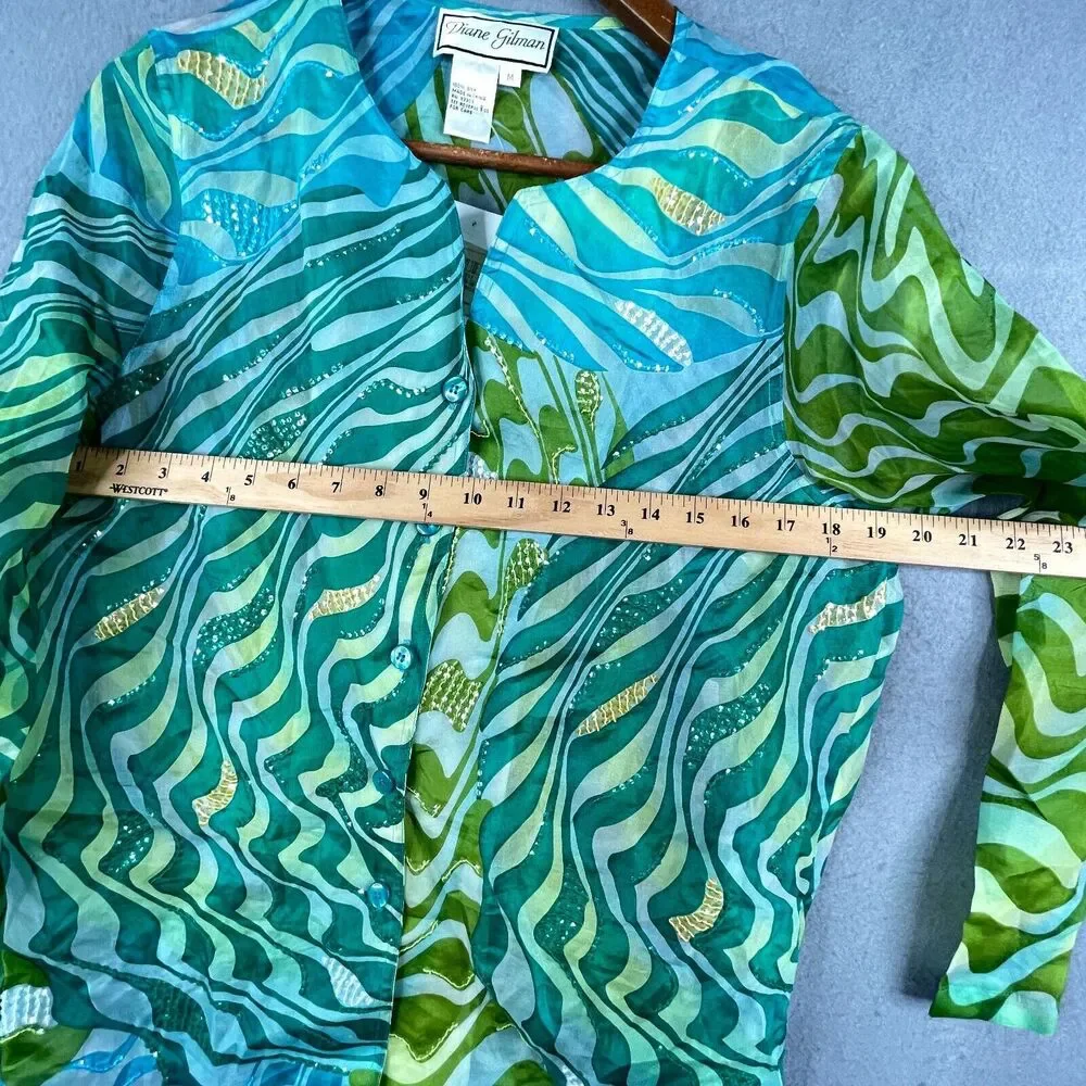 New Diane Gilman Silk Tunic Blouse Womens Med Button Front Sequins Green Blue - Picture 11 of 14